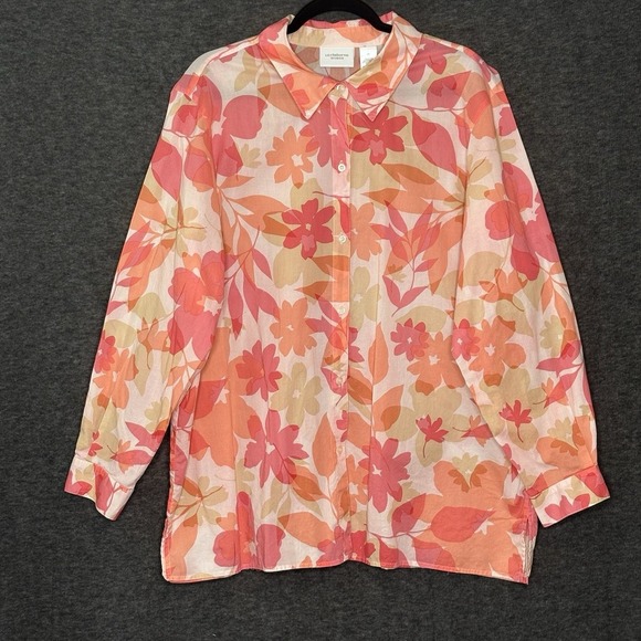 Liz Claiborne Woman 2X Blouse Button Front Floral Print 100% Cotton Long Sleeve - Picture 1 of 15